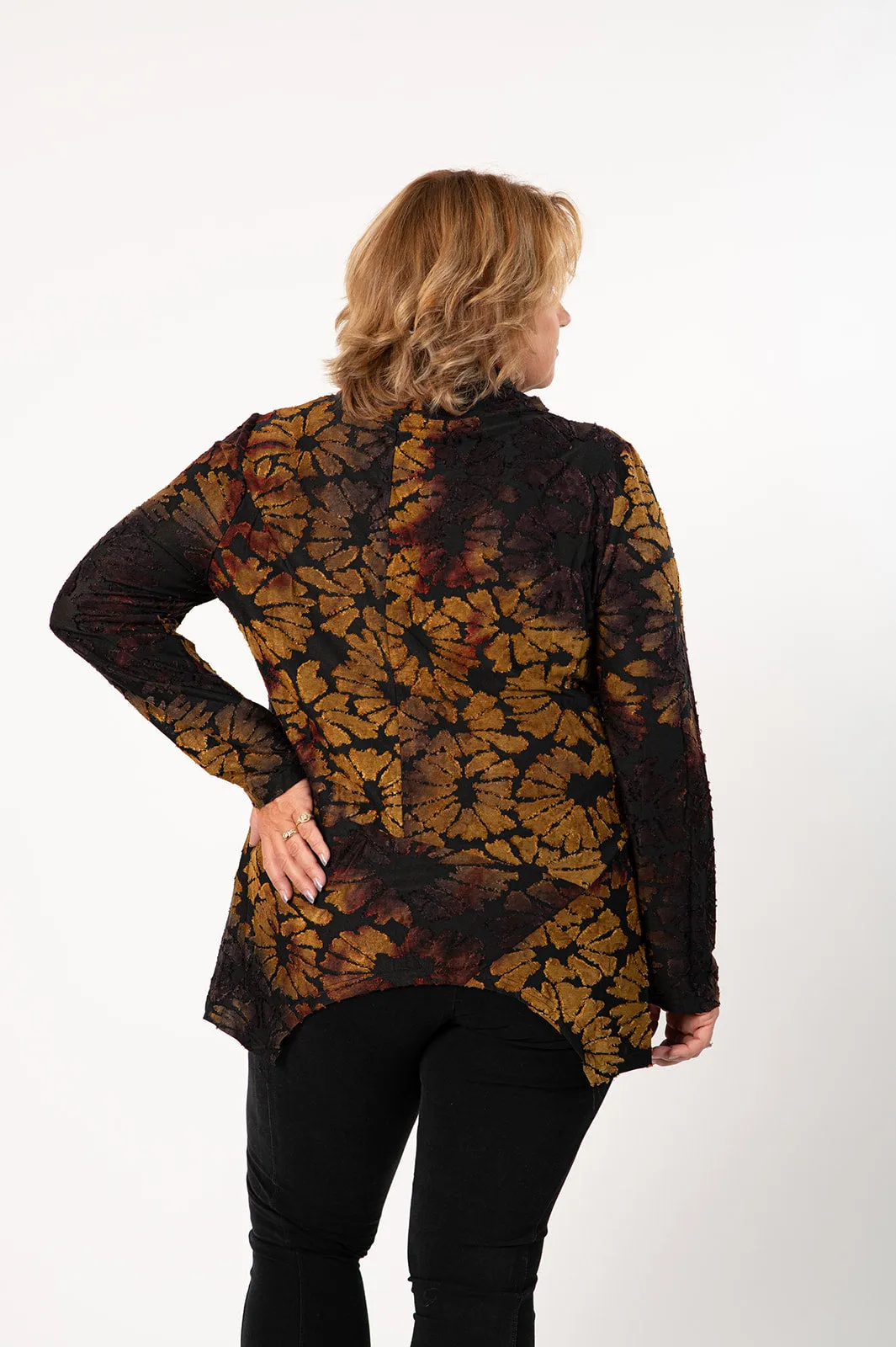 Radzoli Cowl Neck Sharkbite Hem Seam Detail Burnout Tunic - Brown/Olive/Multicolor