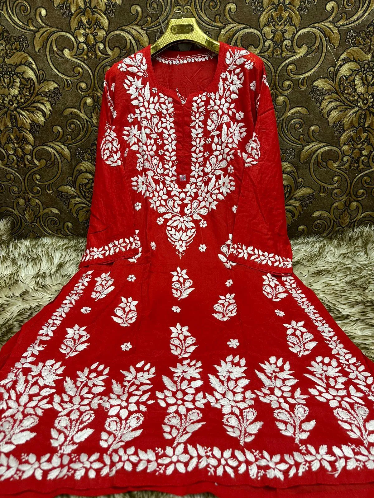 Red Ethereal Elegance: Lucknow Chikankari Heavy Modal Big Size Kurti