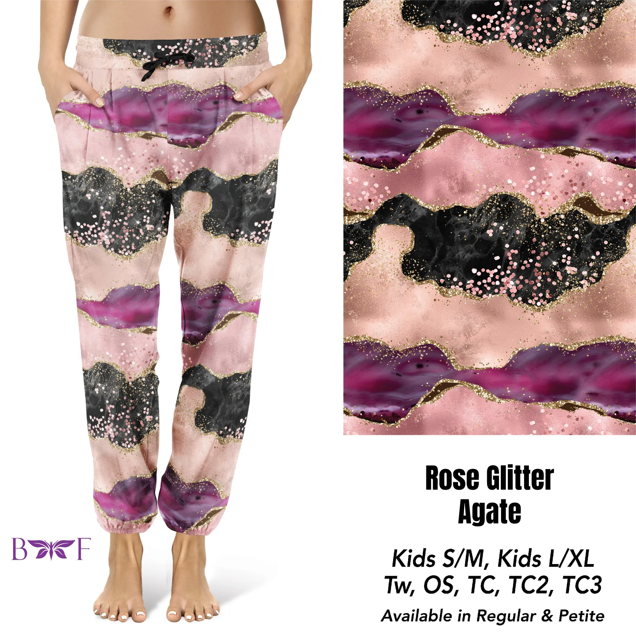 Rose glitter agate capris with pockets