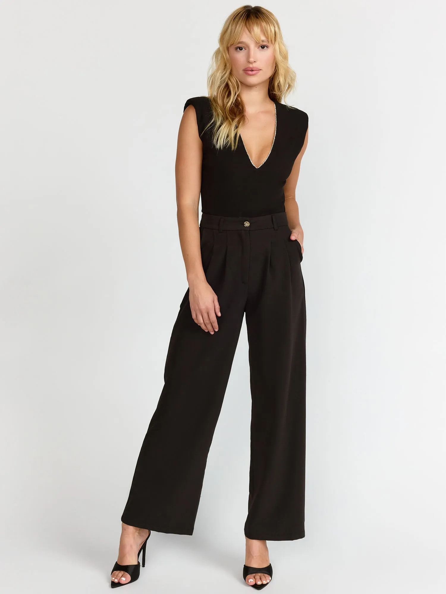 Sleeveless Crystal Trim V-Neck Bodysuit - Luxy USA