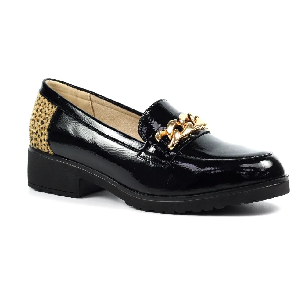 Slip On Lunar Ladies Chain Detail Shoes Zora Black/Gold Animal Print sale