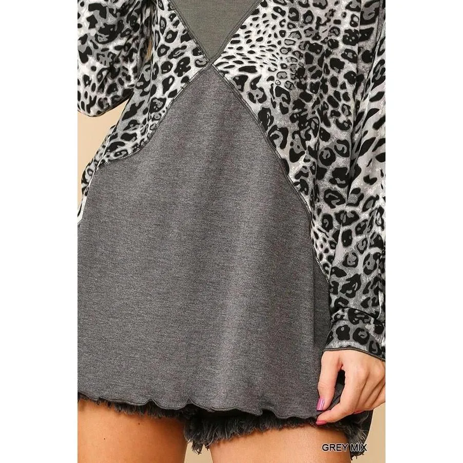 Solid And Animal Print Mixed Knit Turtleneck Top With Long Sleeves
