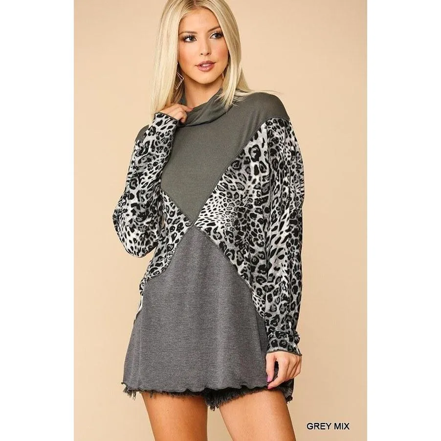 Solid And Animal Print Mixed Knit Turtleneck Top With Long Sleeves