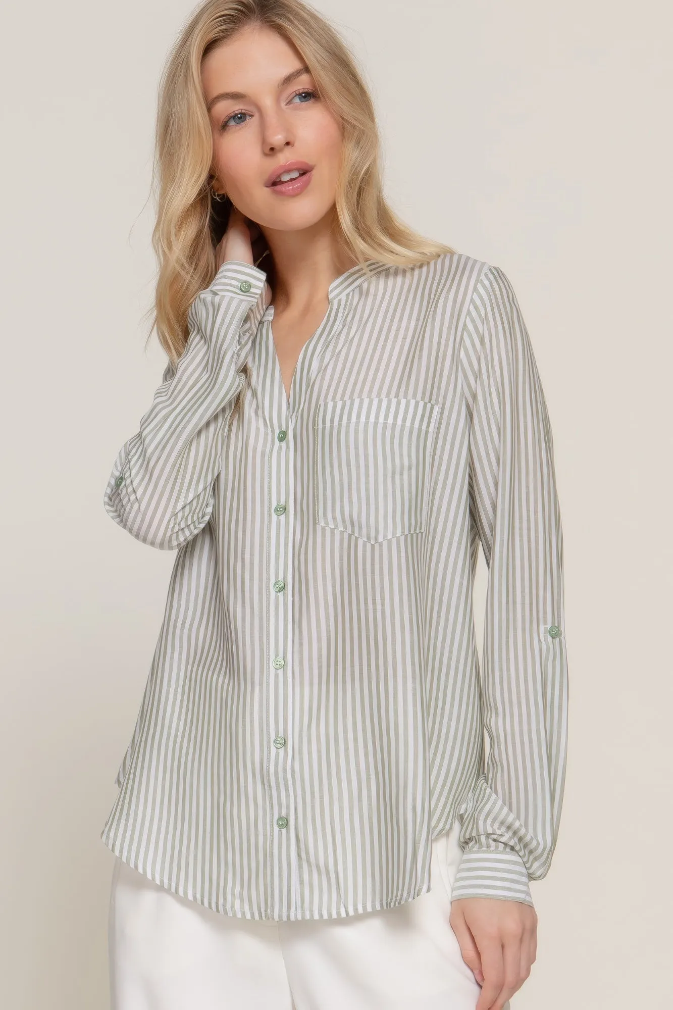 Split Round Neck Stripe Woven Shirt
