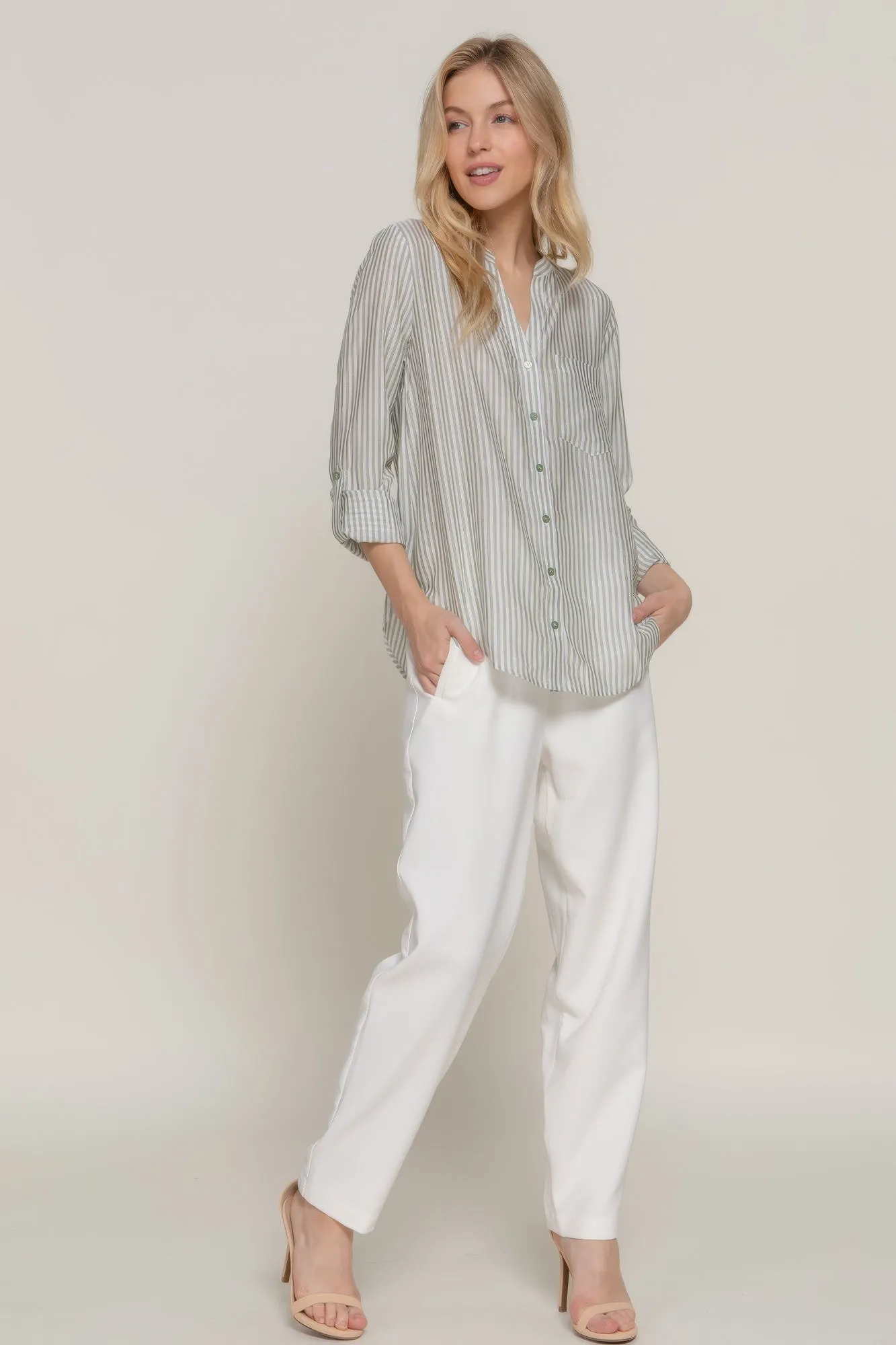 Split Round Neck Stripe Woven Shirt