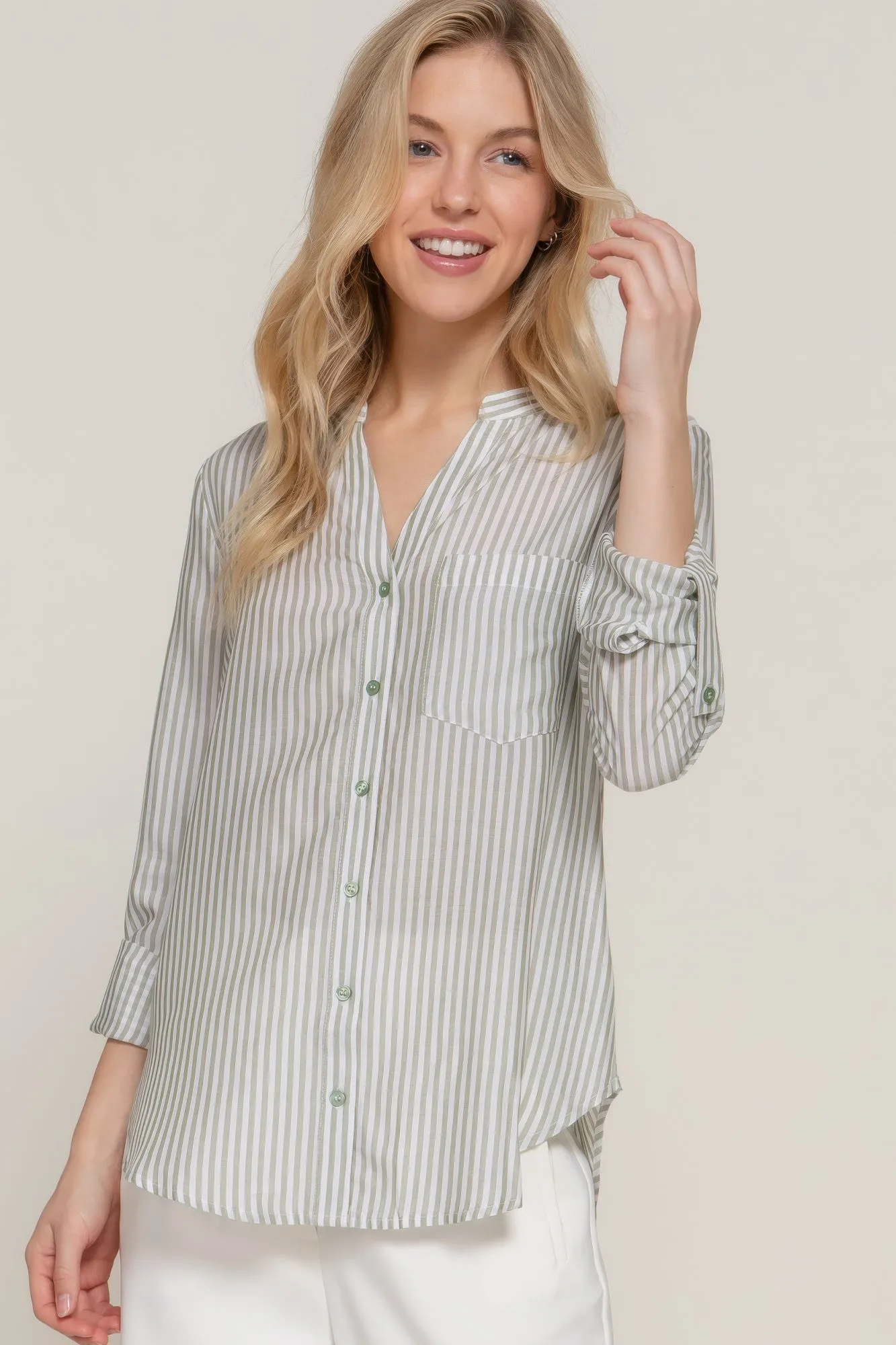 Split Round Neck Stripe Woven Shirt