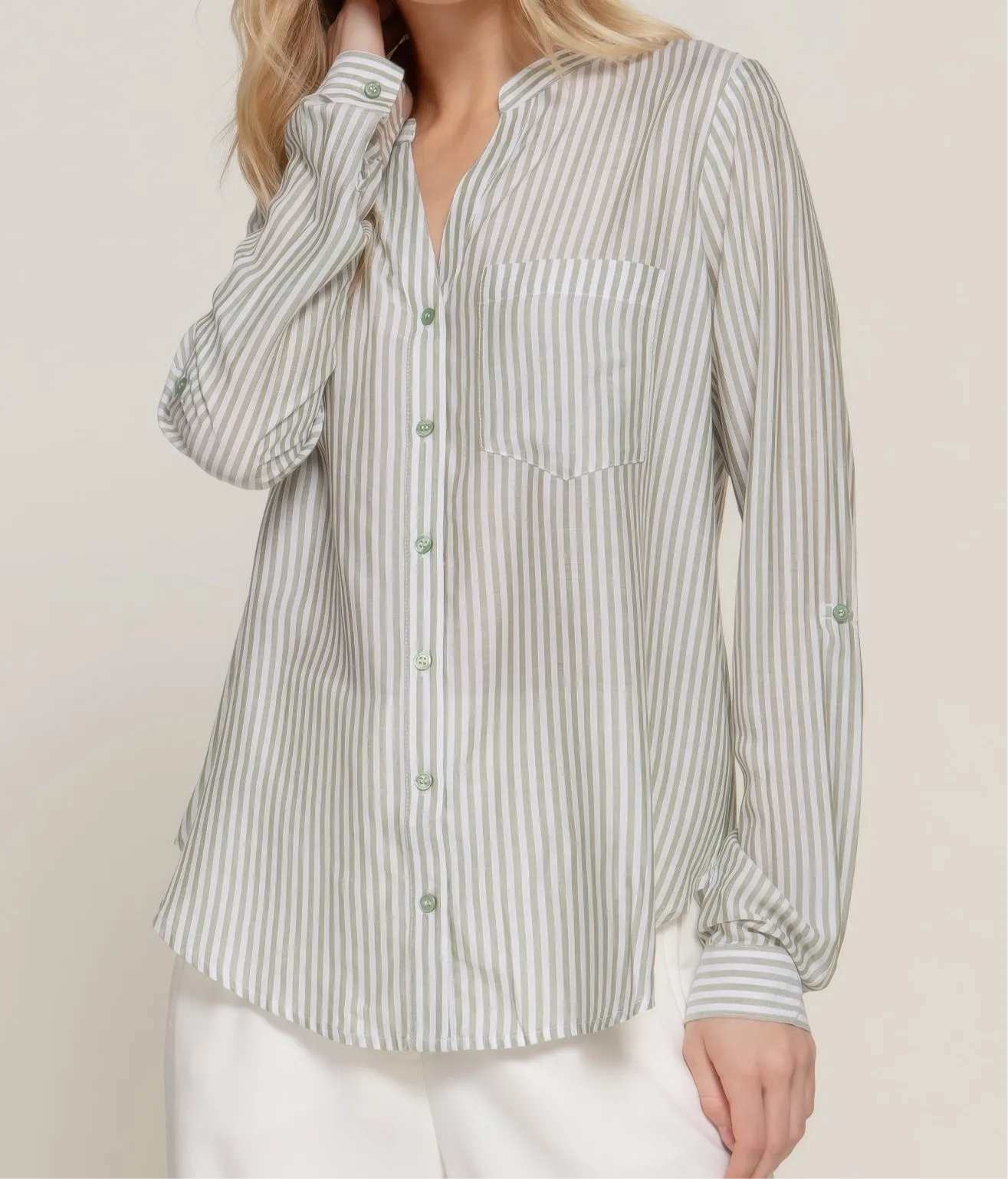 Split Round Neck Stripe Woven Shirt