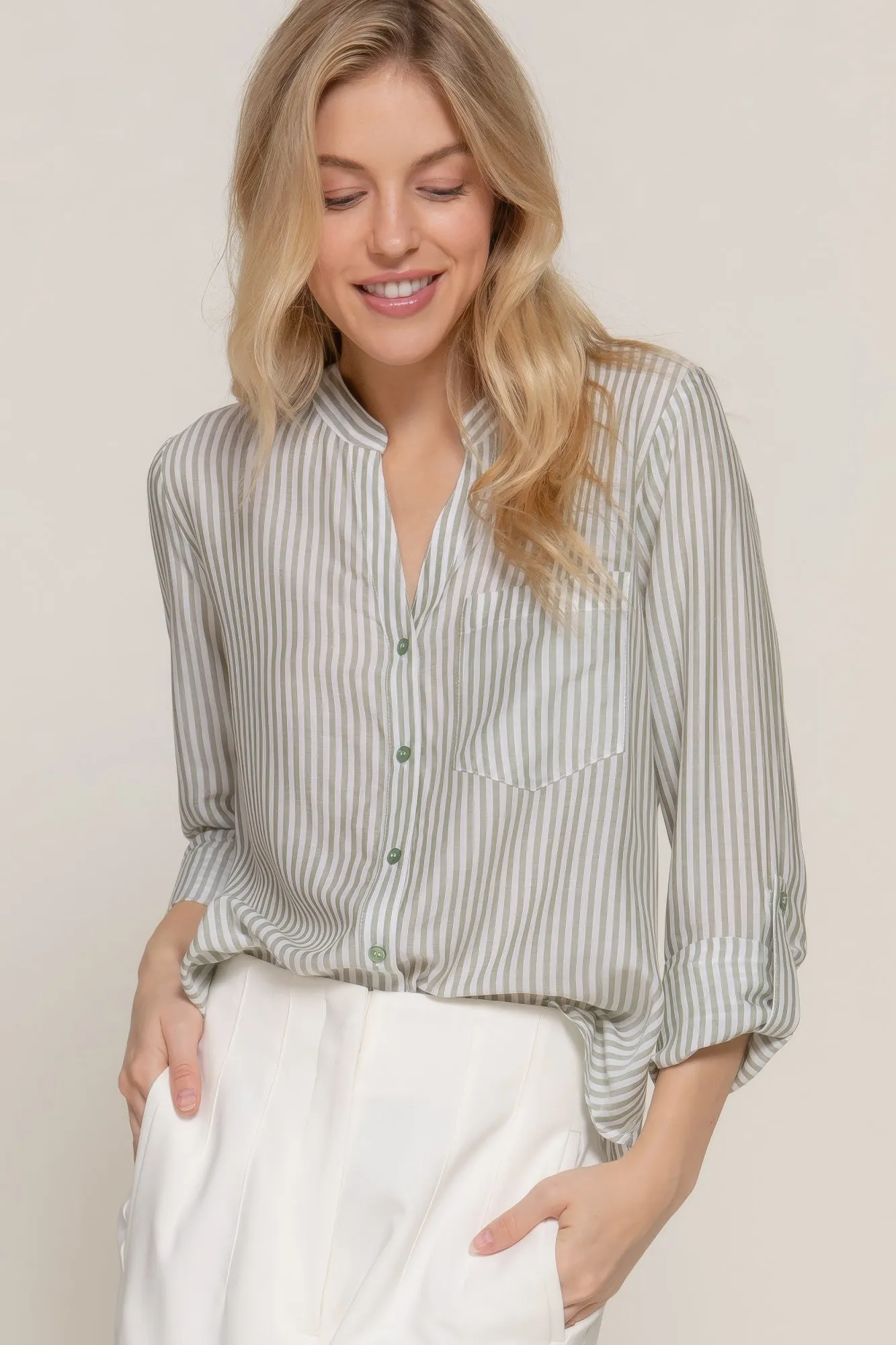 Split Round Neck Stripe Woven Shirt