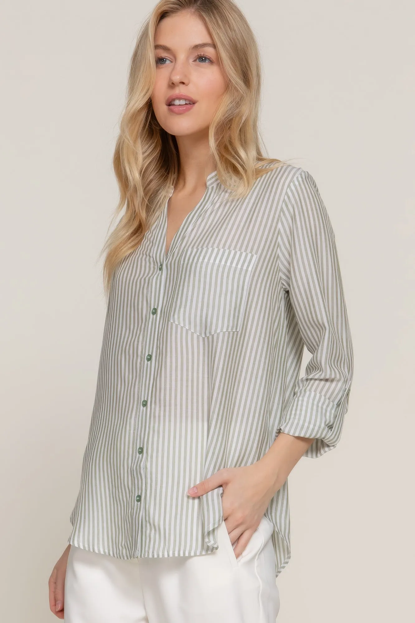 Split Round Neck Stripe Woven Shirt