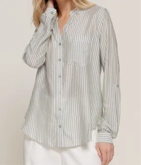 Split Round Neck Stripe Woven Shirt