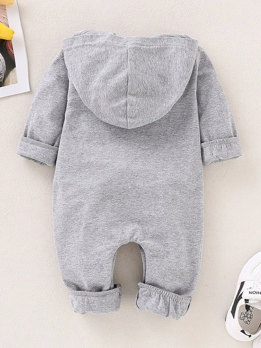 Spring Gray Long-sleeved Hooded Baby Jumpsuit Overalls