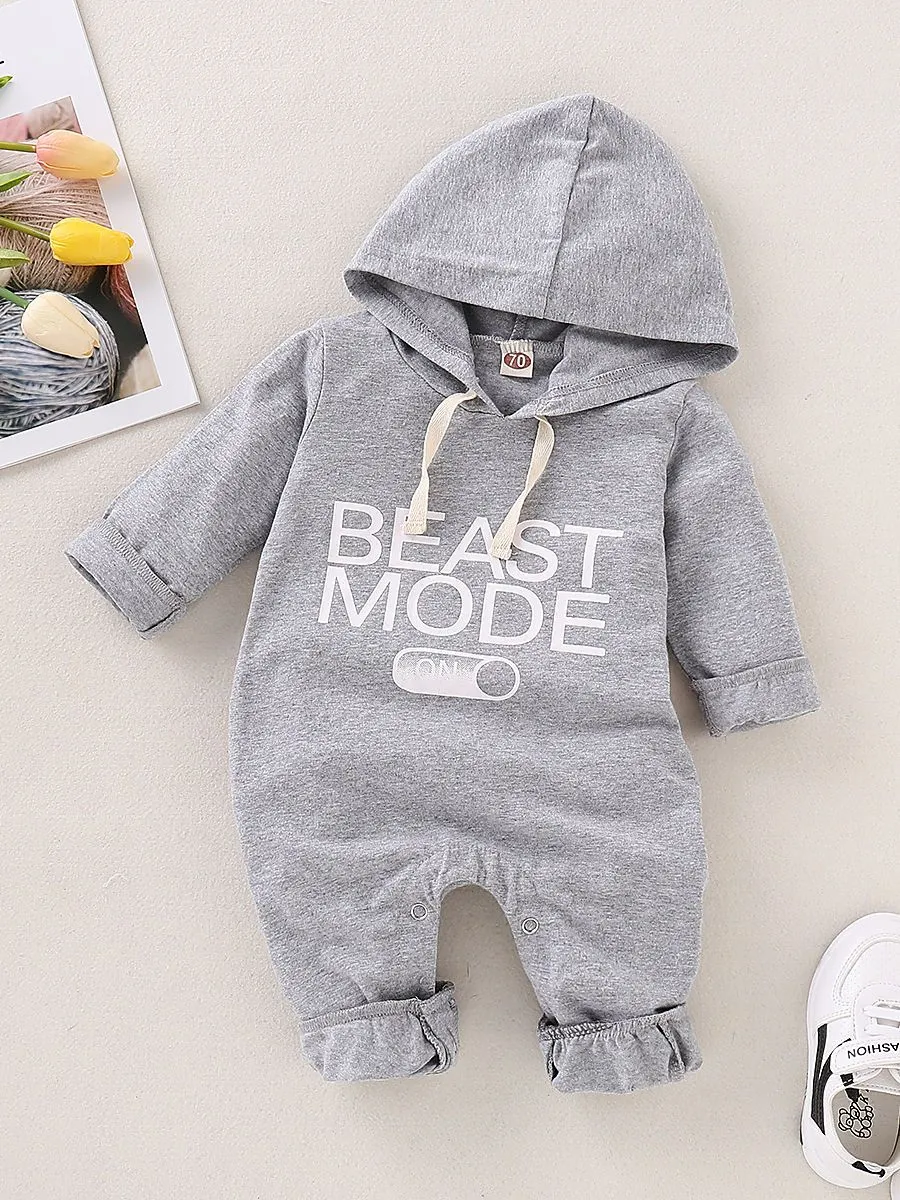 Spring Gray Long-sleeved Hooded Baby Jumpsuit Overalls