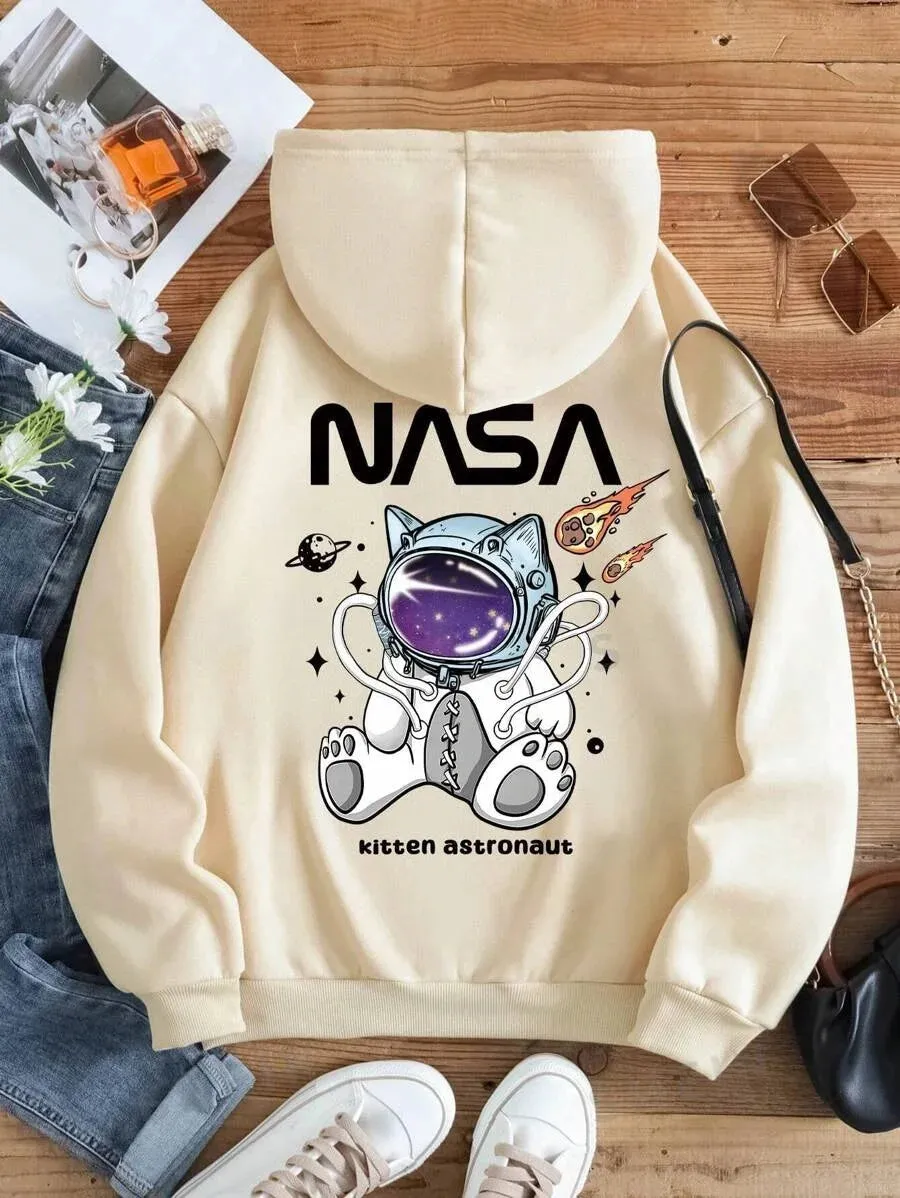 SXV  'nasa kitten astronaut’ Printed Cool Aesthetic Sweatshirt Hoodie