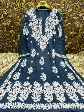 Teal Ethereal Elegance: Lucknow Chikankari Heavy Modal Big Size Kurti