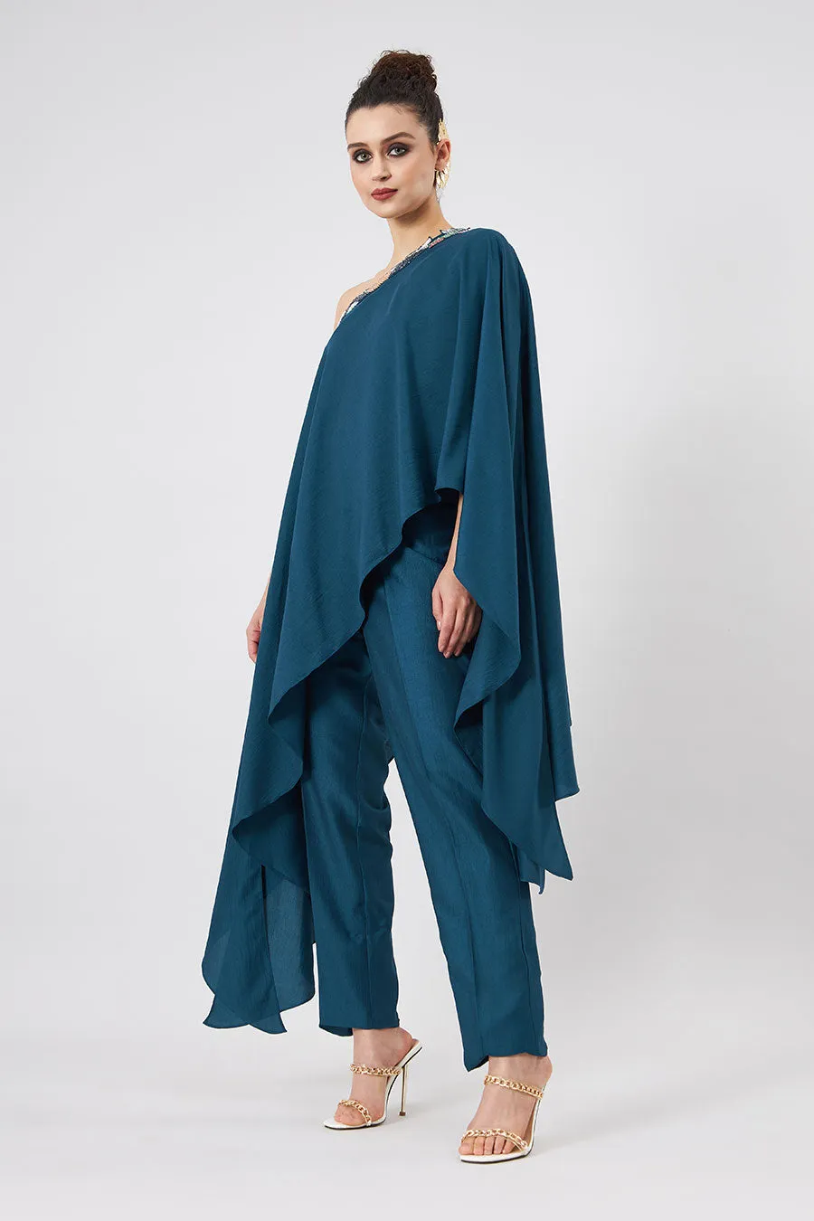 Teal One-Shoulder Tunic & Pant Set