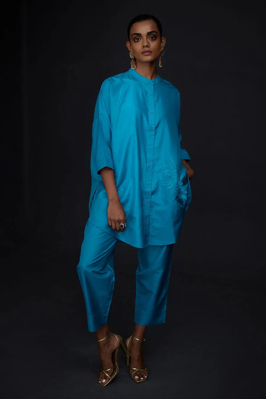 Turquoise Blue Embroidered Tunic & Pant Set