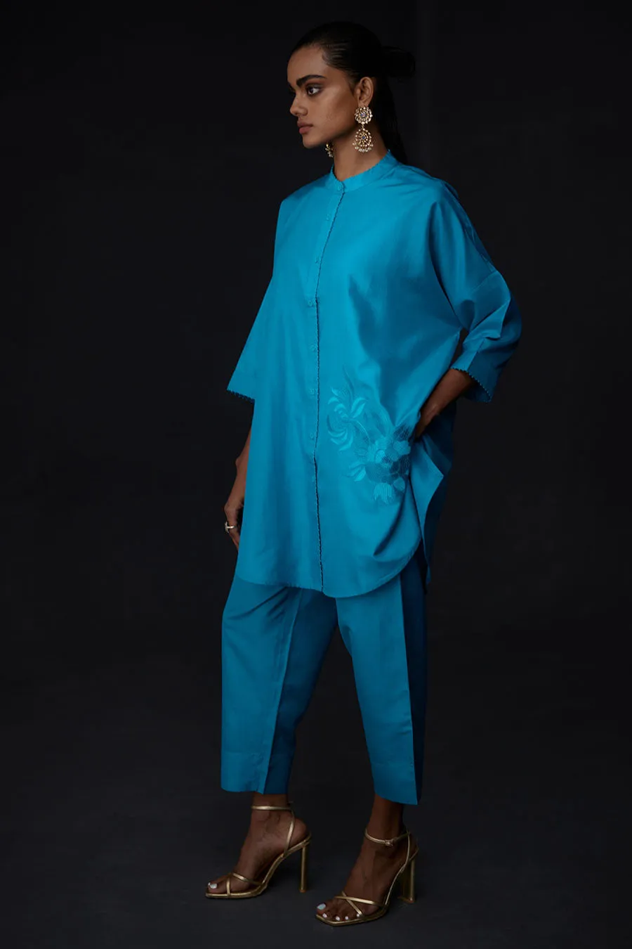 Turquoise Blue Embroidered Tunic & Pant Set