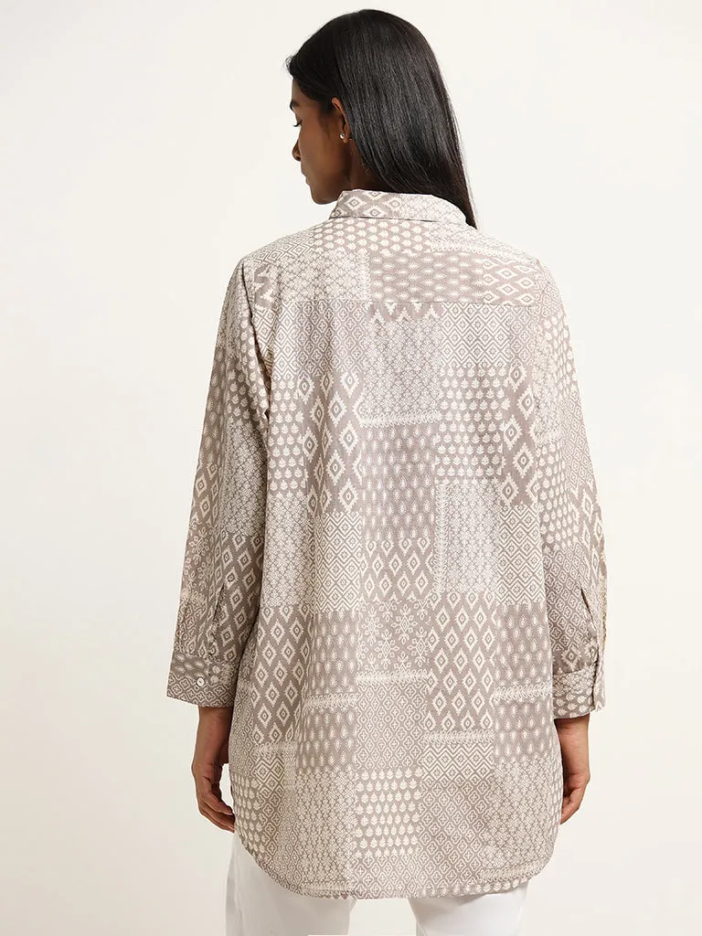 Utsa Beige Printed Patchwork Cotton Tunic