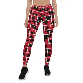 Vibrant Red Leggings with Striking Black Cat Silhouette Design