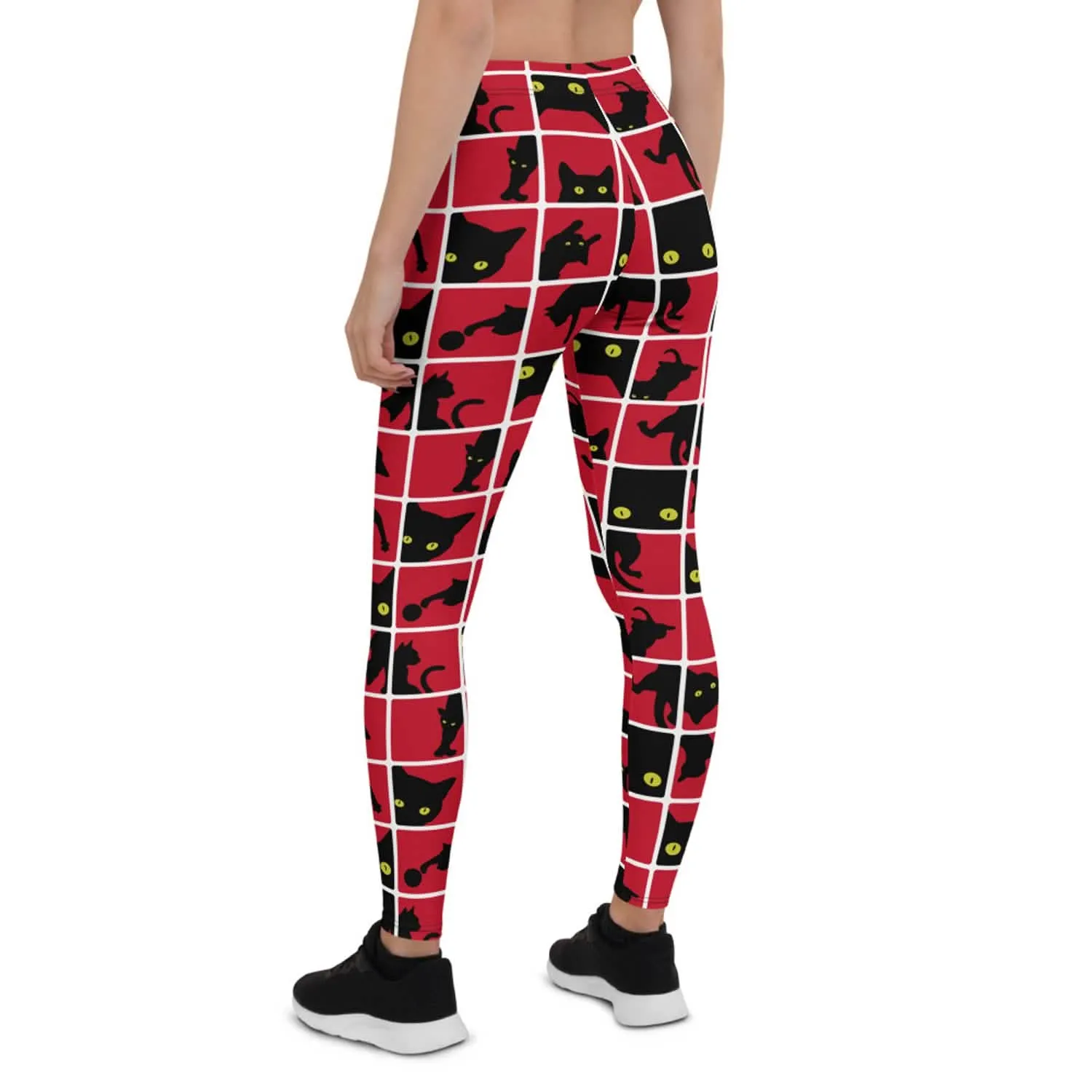 Vibrant Red Leggings with Striking Black Cat Silhouette Design