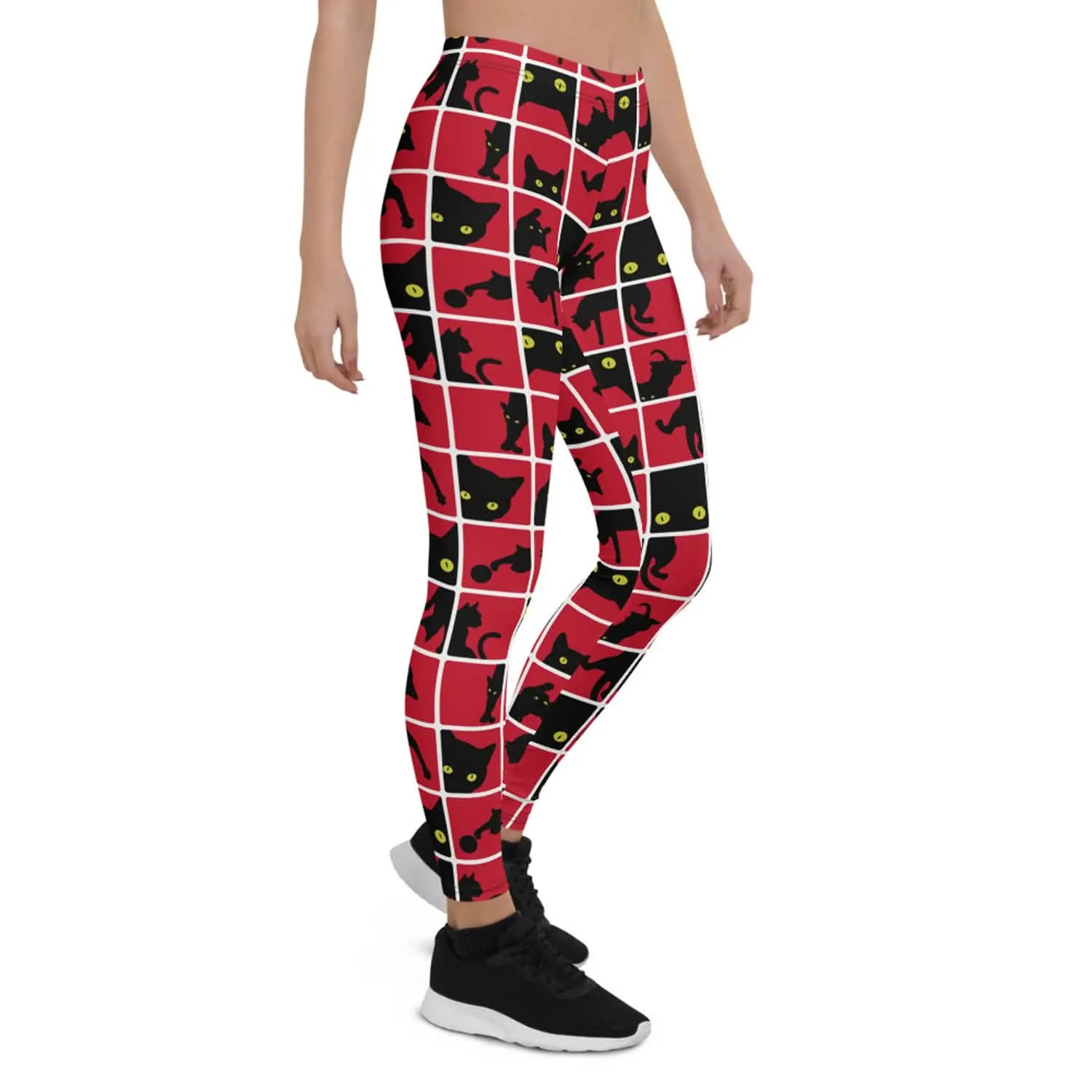 Vibrant Red Leggings with Striking Black Cat Silhouette Design