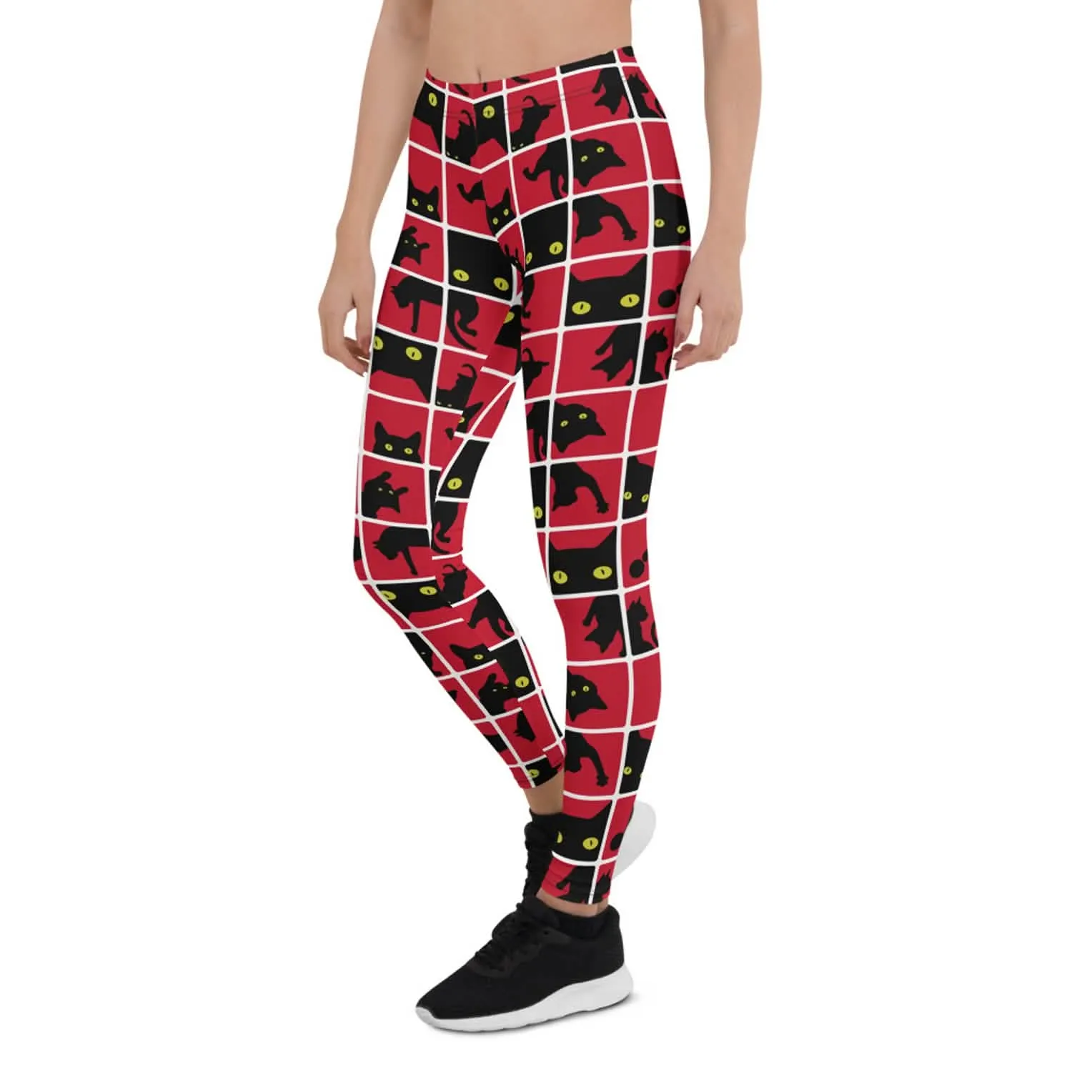Vibrant Red Leggings with Striking Black Cat Silhouette Design