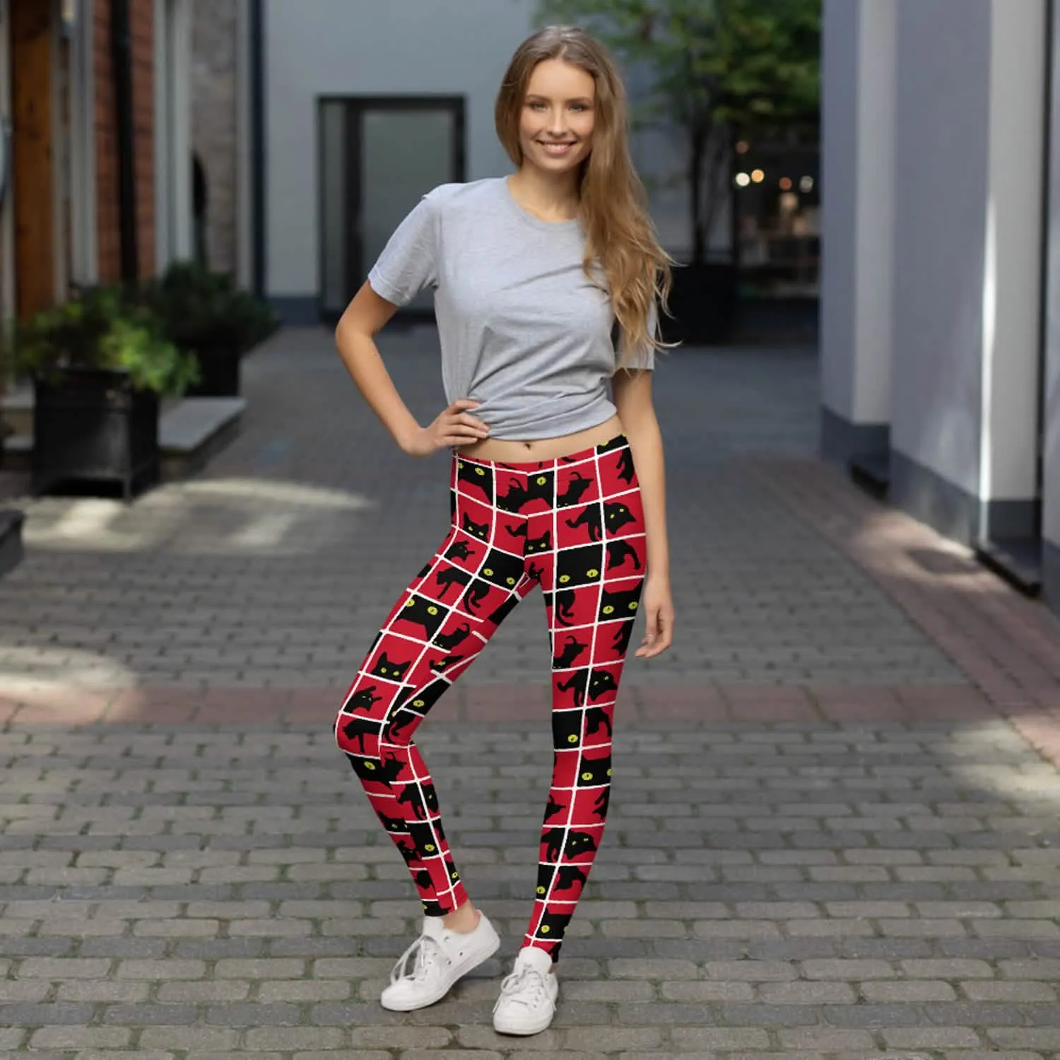 Vibrant Red Leggings with Striking Black Cat Silhouette Design