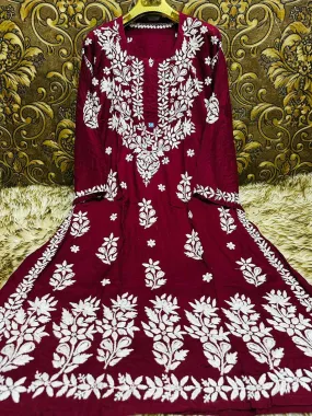 Wine Ethereal Elegance: Lucknow Chikankari Heavy Modal Big Size Kurti