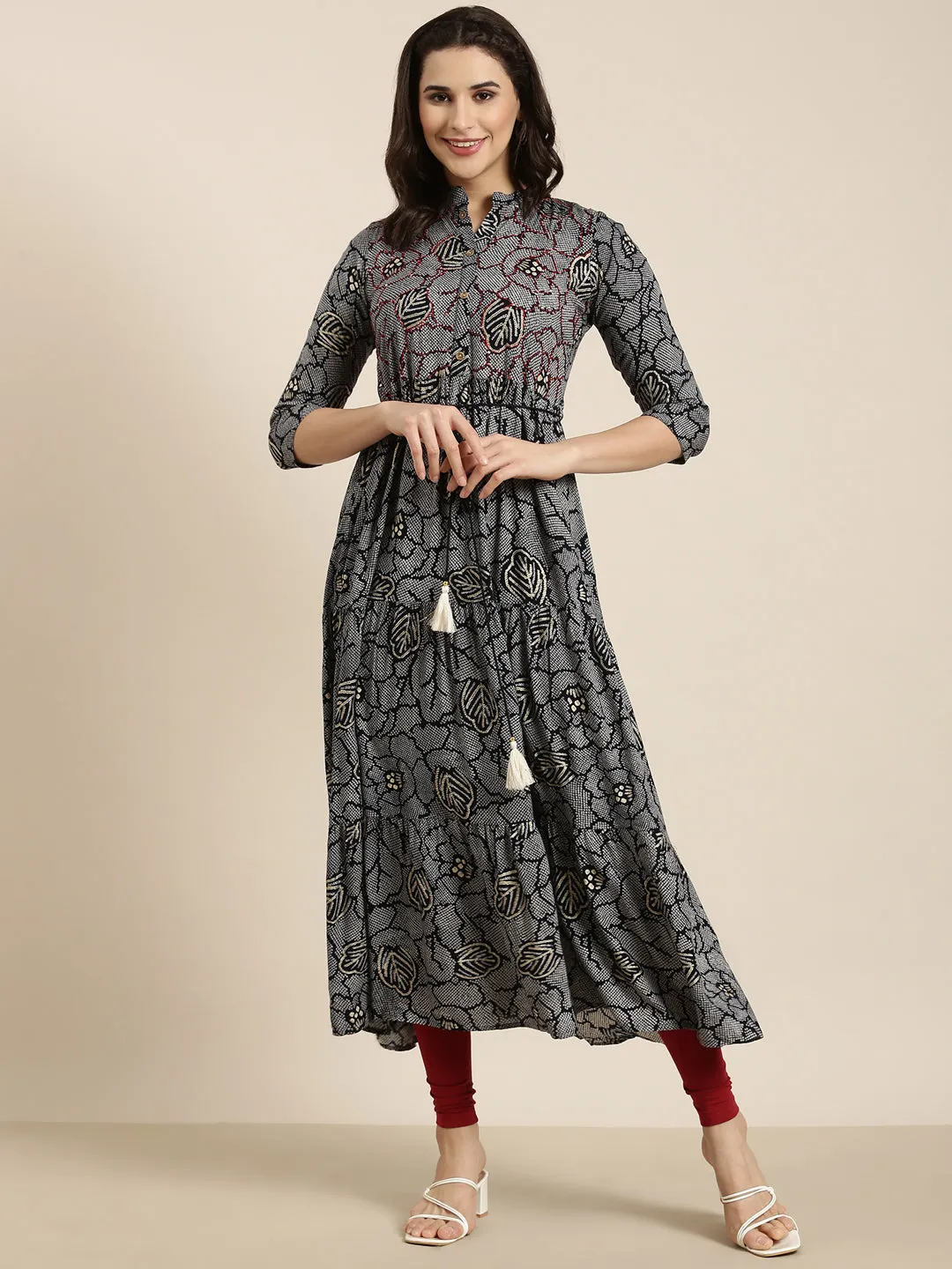 Women Anarkali Navy Blue Bandhani Kurta