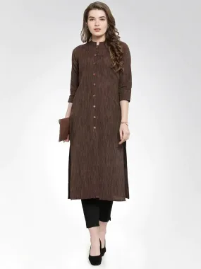 Women Brown Self Design Straight Kurta