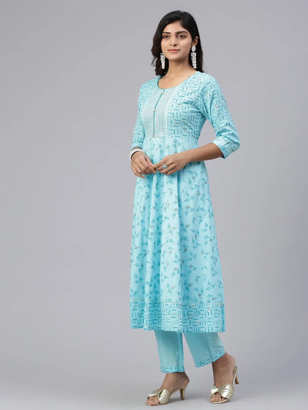 Women Embroidered & Printed Kurti Sets SkyBlue EKS22