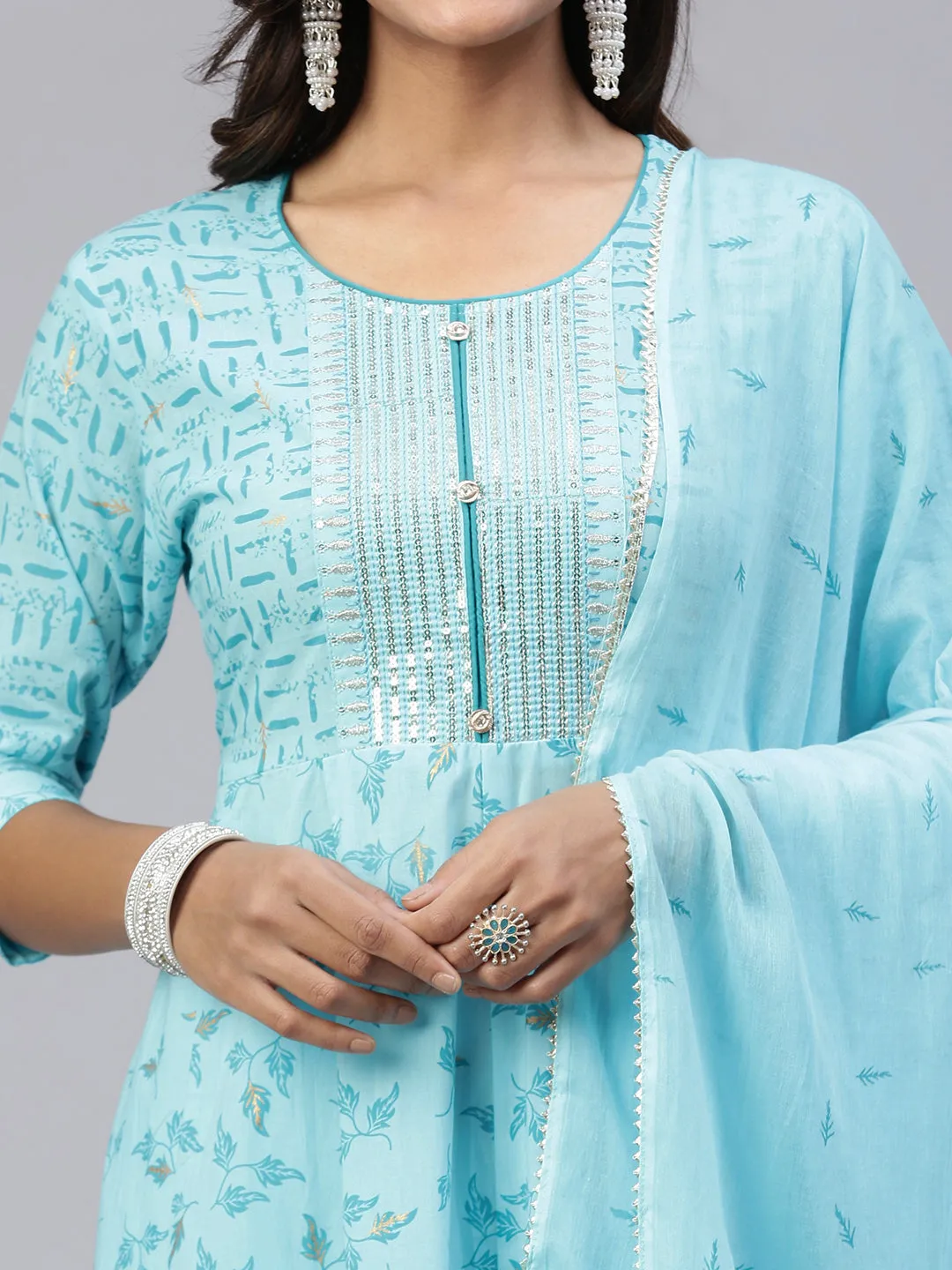 Women Embroidered & Printed Kurti Sets SkyBlue EKS22