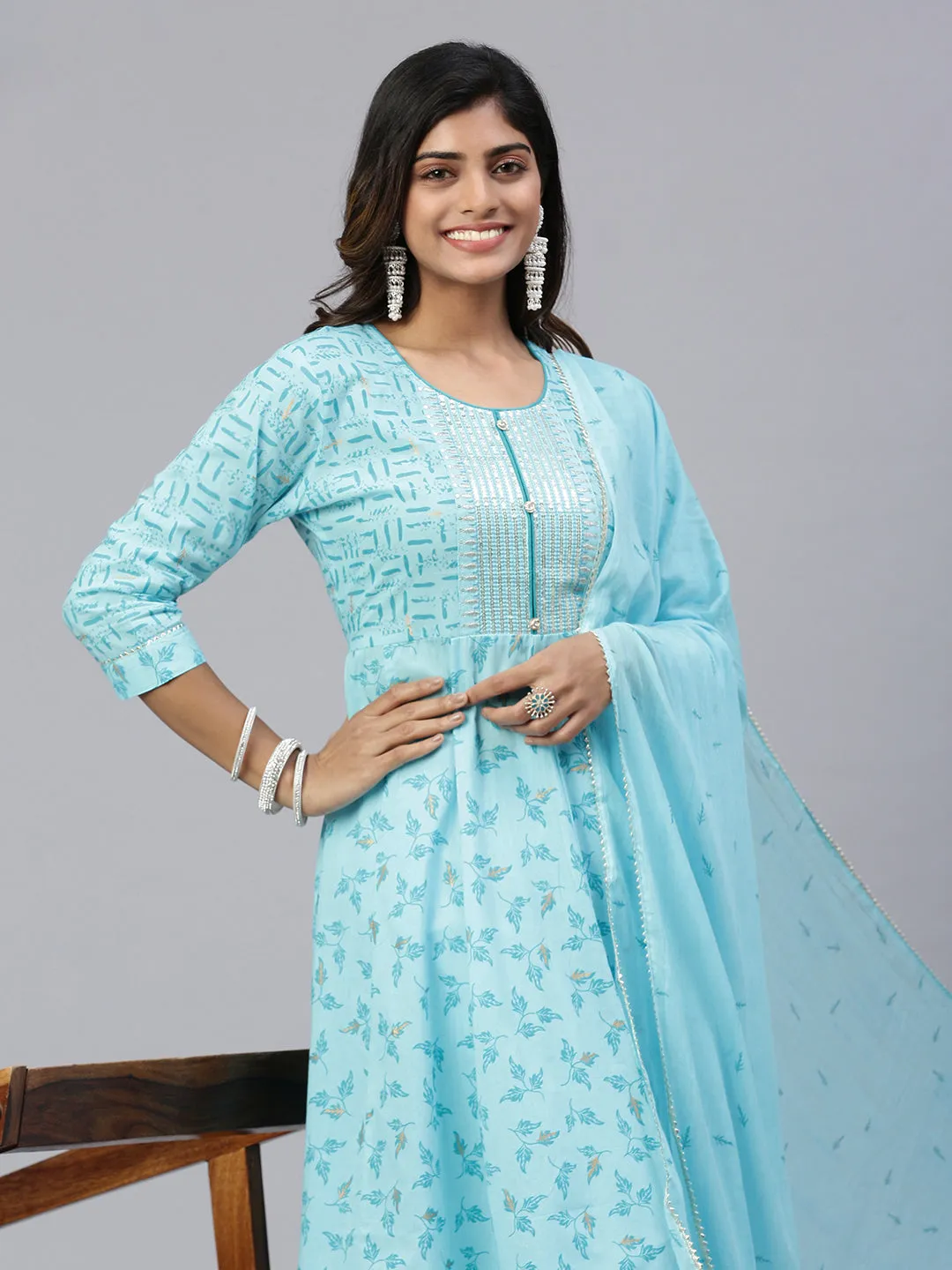 Women Embroidered & Printed Kurti Sets SkyBlue EKS22