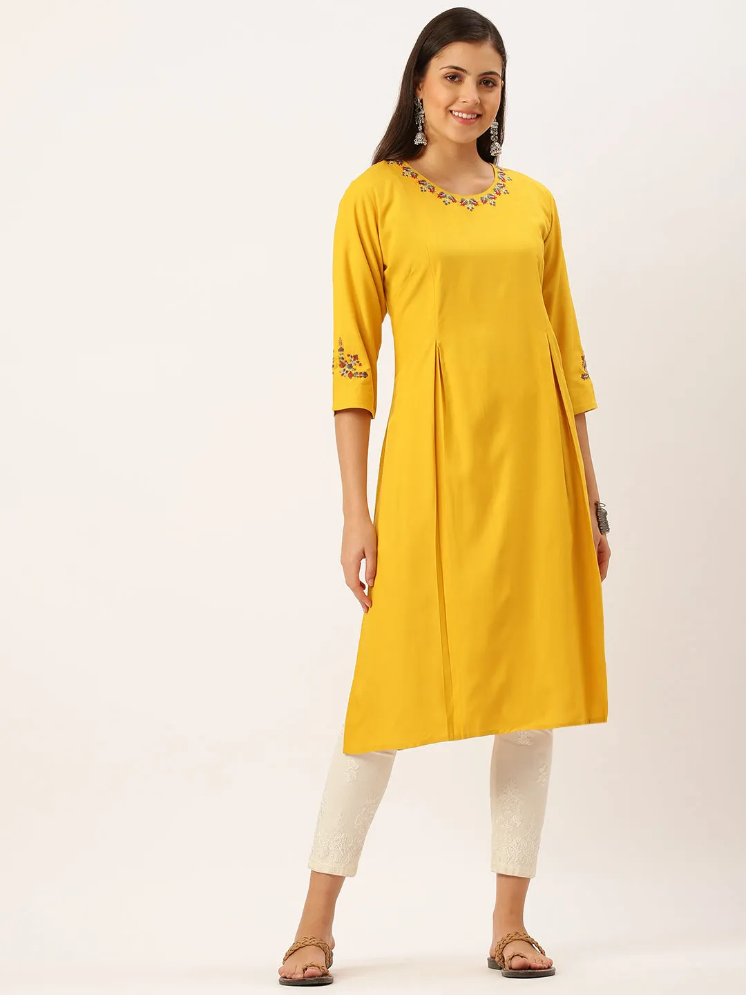 Women Embroidered Mustard Straight Kurta