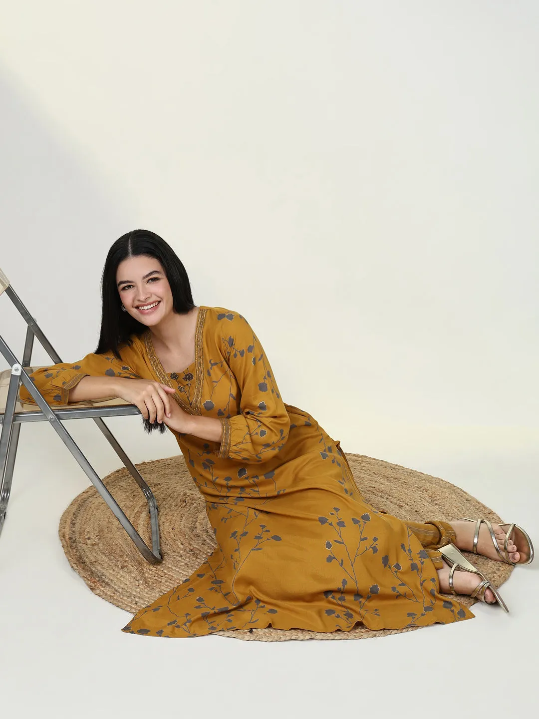 Women Floral Mustard A Line Kurta Set
