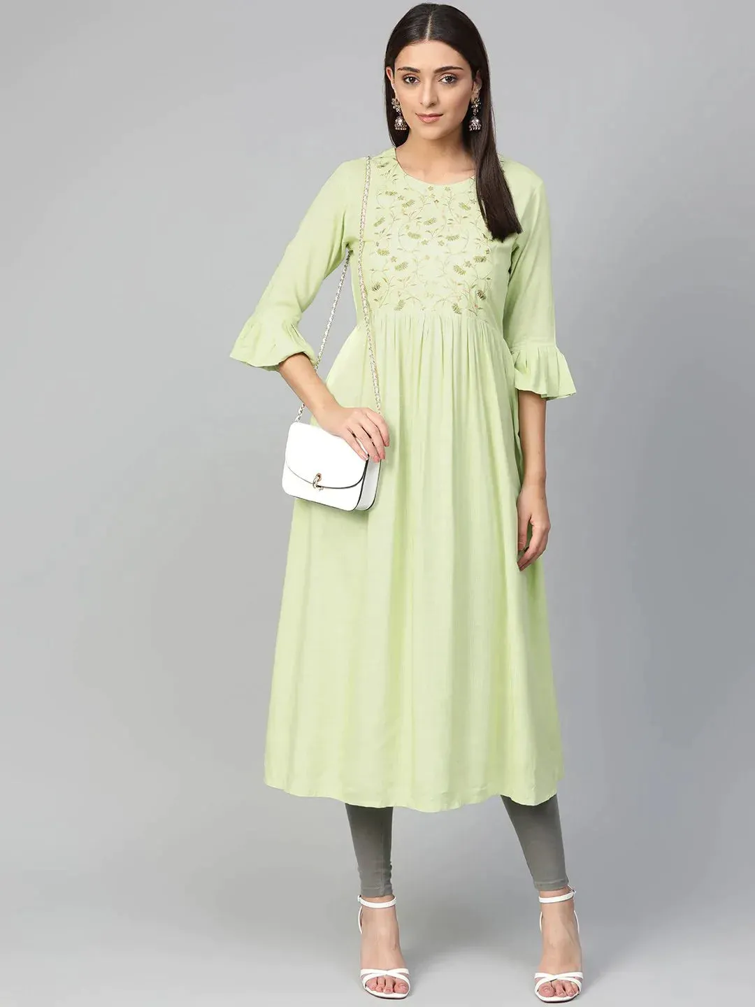 Women Green & Golden Yoke Design A-Line Kurta