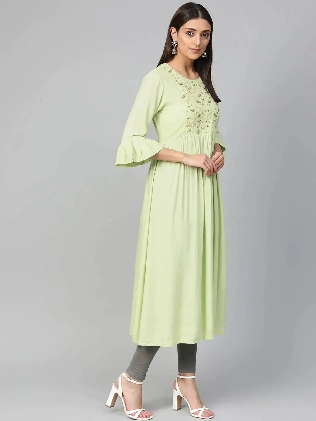 Women Green & Golden Yoke Design A-Line Kurta