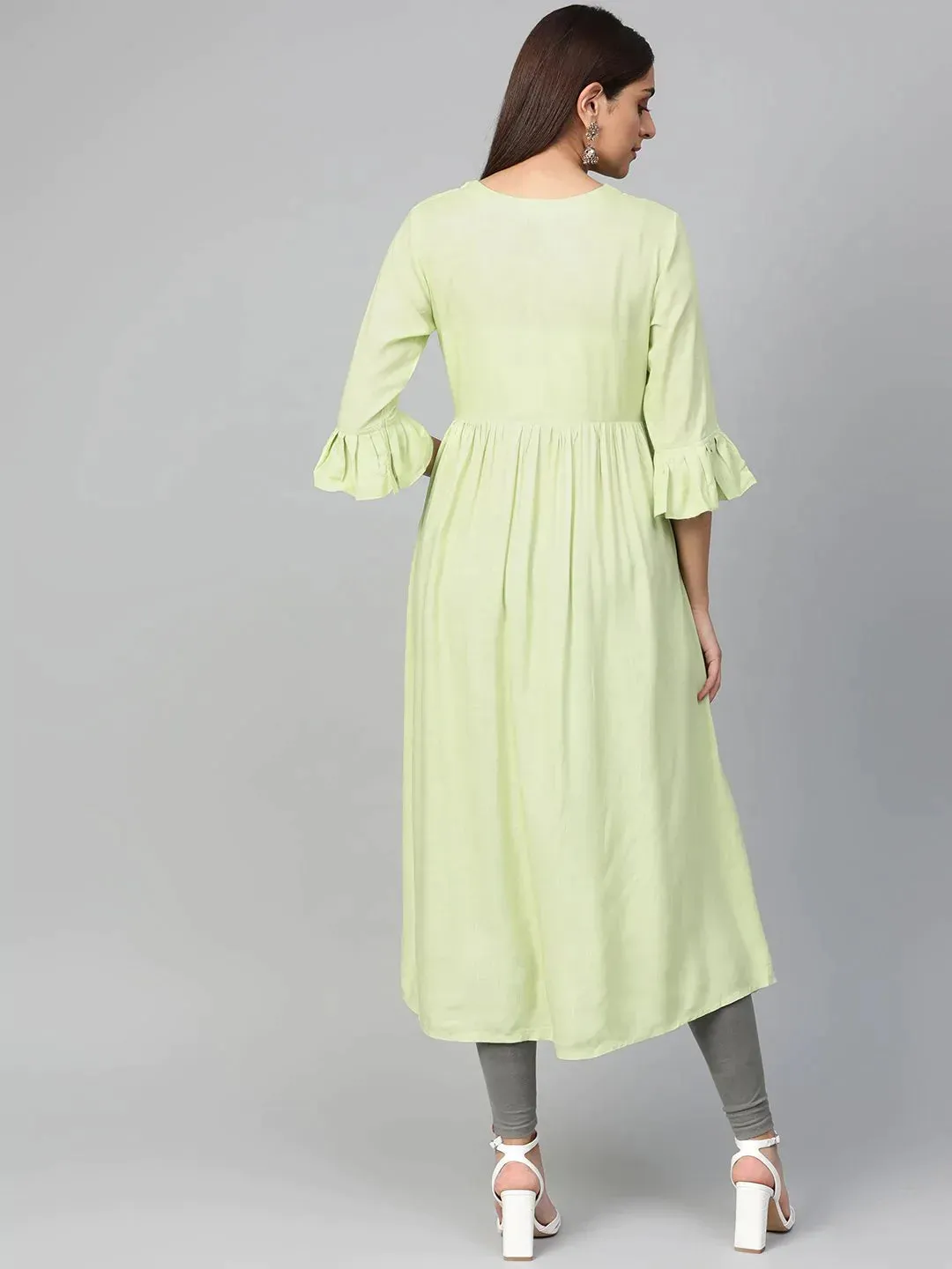 Women Green & Golden Yoke Design A-Line Kurta