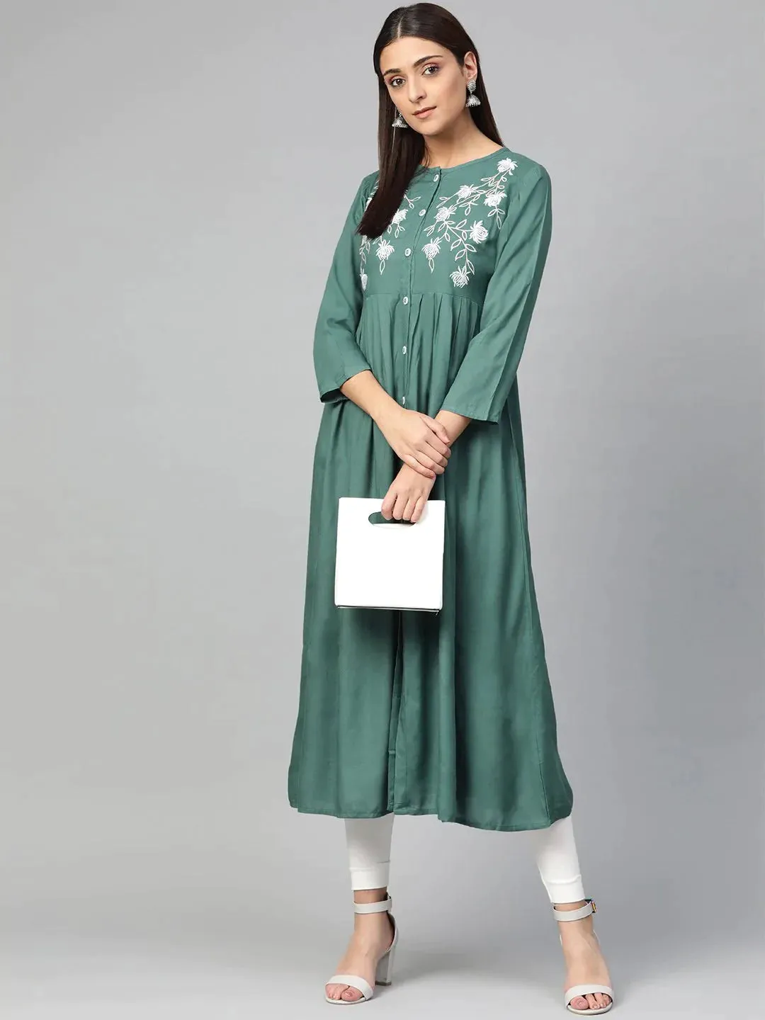 Women Green & White Yoke Design A-Line Kurta