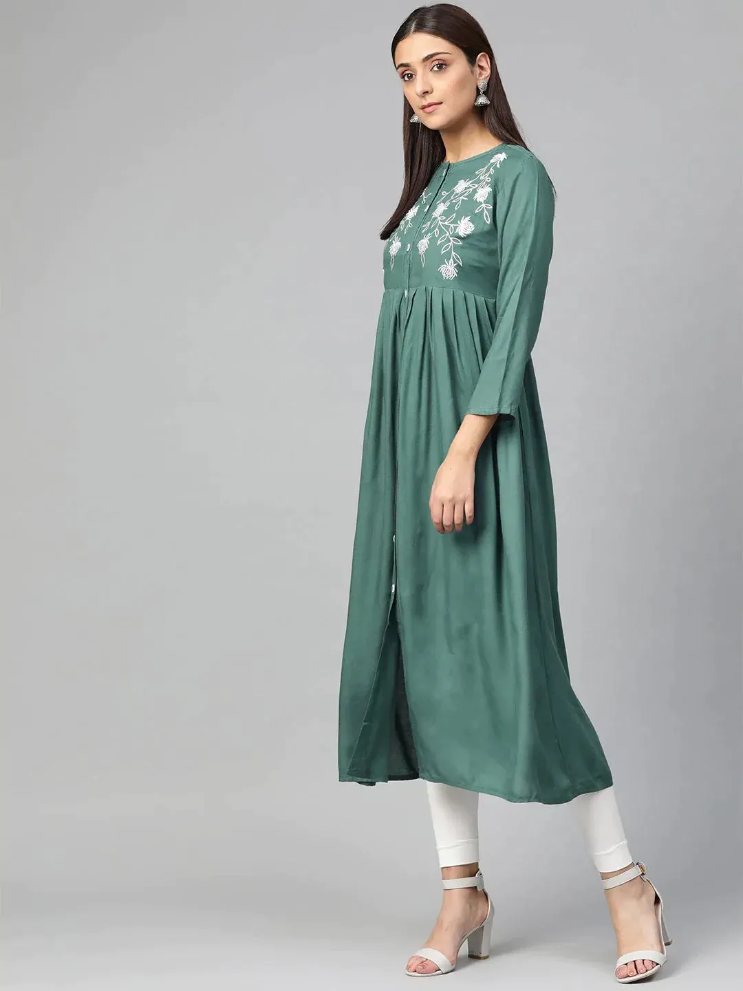 Women Green & White Yoke Design A-Line Kurta