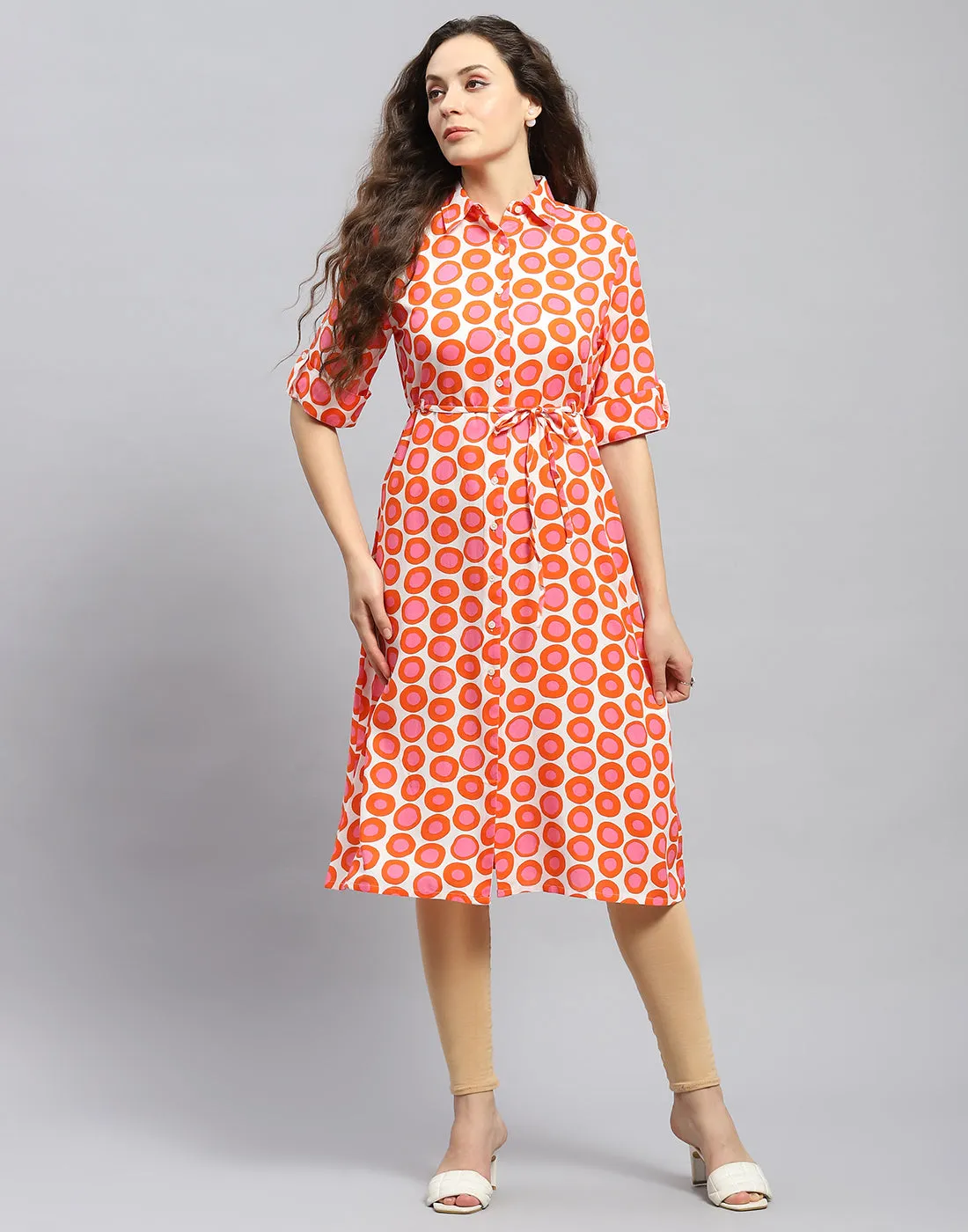 Women Rust Printed Collar Short Sleeve Tunic