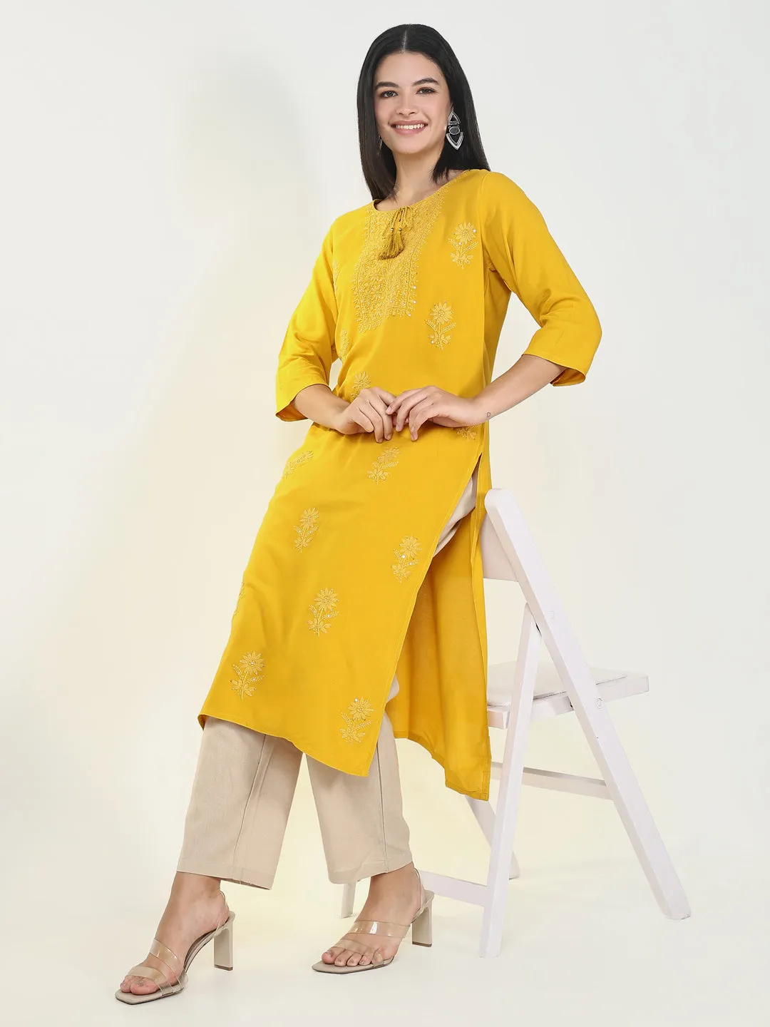 Women Solid Yellow Chikankari Kurta