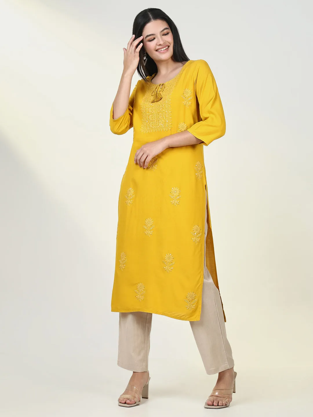 Women Solid Yellow Chikankari Kurta