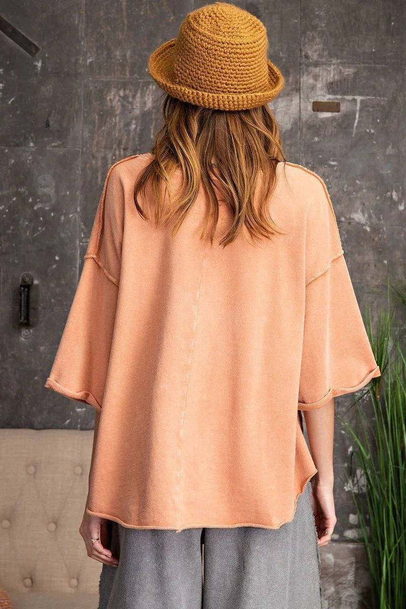 Women's 3/4 Slvs Mineral Washed Terry Knit Boxy Top