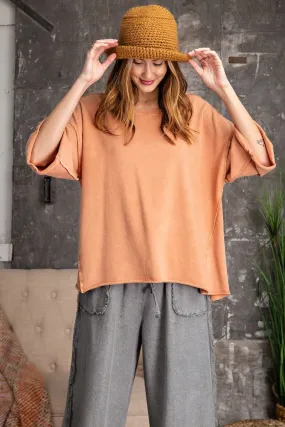 Women's 3/4 Slvs Mineral Washed Terry Knit Boxy Top