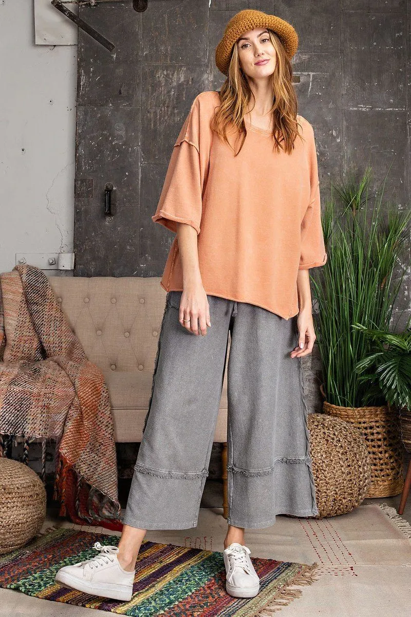 Women's 3/4 Slvs Mineral Washed Terry Knit Boxy Top