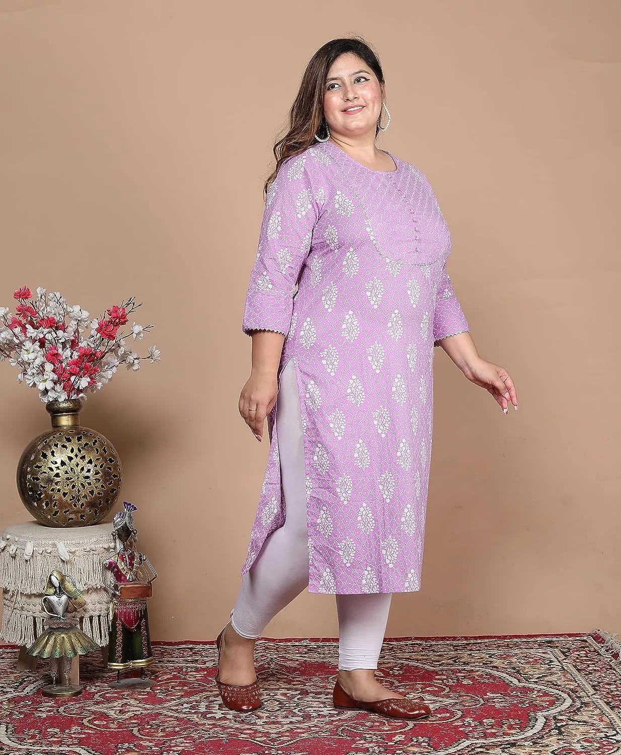 Women's Plus Size Straight kurti Kurta in Purple With Floral Print - 3XL to 8XL
