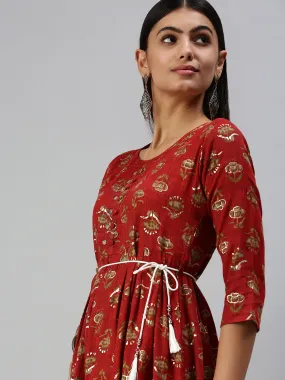 Women's Red Printed A-Line Kurta