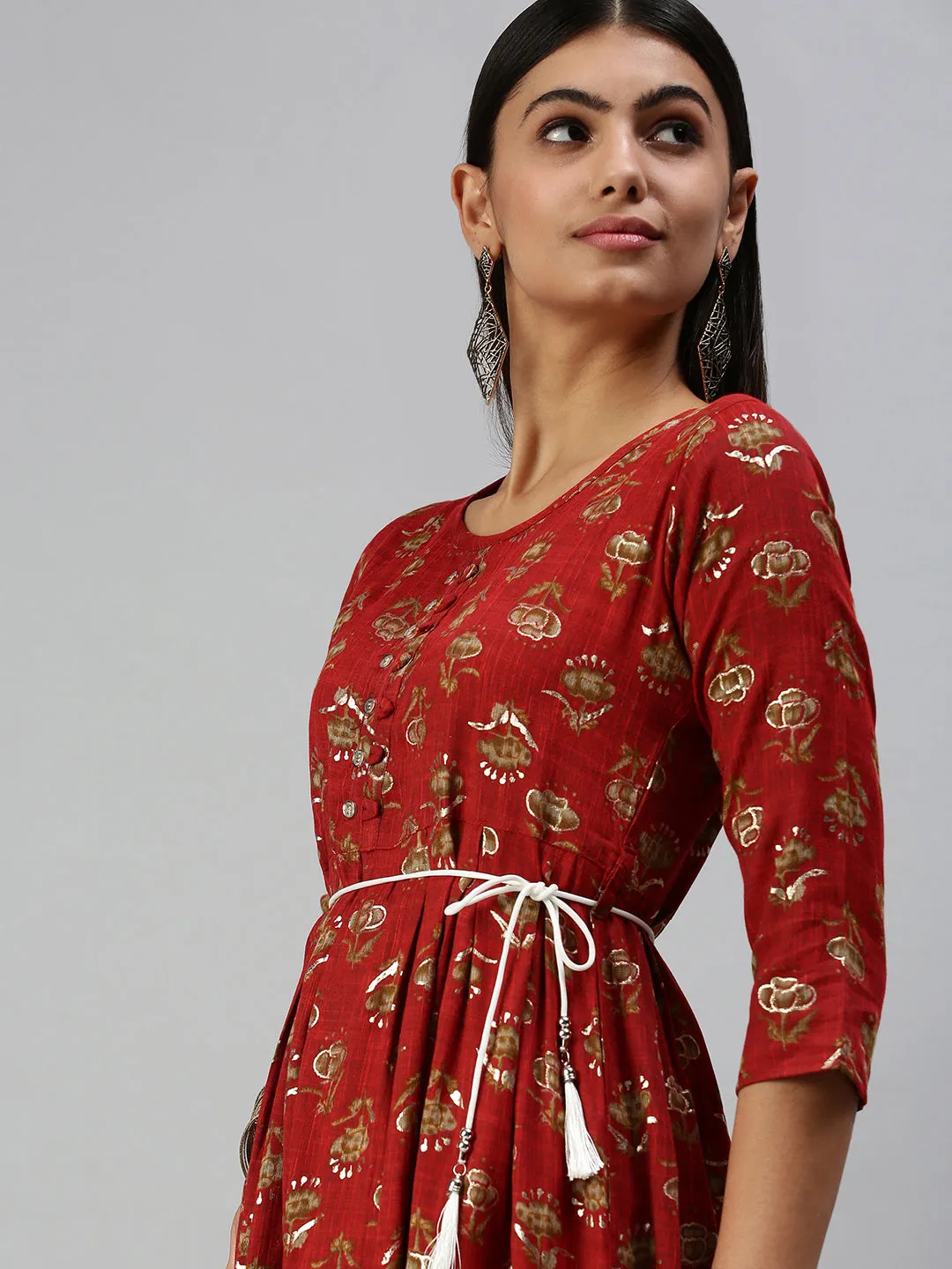 Women's Red Printed A-Line Kurta