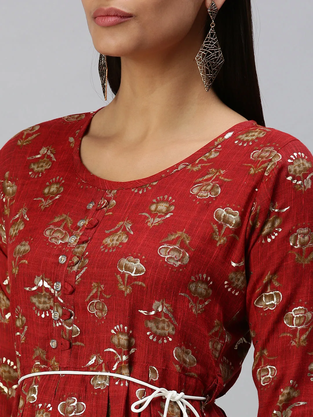 Women's Red Printed A-Line Kurta